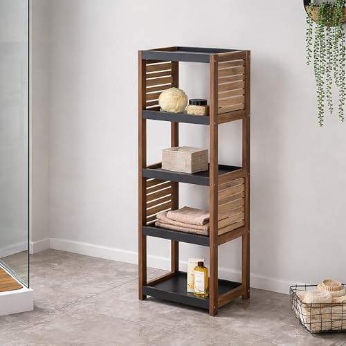 Brown-Gray Small Open-Shelf Storage Unit, 4-Tier, Vented, Freestanding | Space-Saving, Vented Design, MDF/Acacia Material, Compact Freestanding Unit, 4-Tier Open Shelves, Bathroom