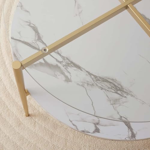 LumFurn Round Coffee Table for Living Room, Mid-Century Modern Design, D30 x H17, 2-Tier Structure, Clear Glass Top and White Marble Finish Wood Shelf, Sleek Conical Metal Legs with Gold Finish Frame - color: Clear & White Marble, size: D30" Round Coffee
