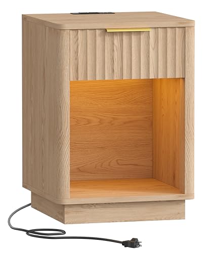Akxomel Fluted Nightstand, Wooden Night Stand with Charging Station and LED Light, Modern Mid Century End Table with Drawer, 15" D x 15.7" W x 22.6" H, for Bedroom, Natural Oak - color: Natural Oak