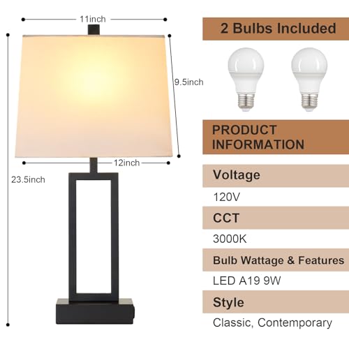 Touch Control Table Lamps with 2 USB Charging Ports & AC Outlets, 23" Tall Modern Nightstand Bedside Lamp for Bedroom, 3-Way Dimmable Metal Table Lamp with Fabric White Shade for Living Room End Table - color: White