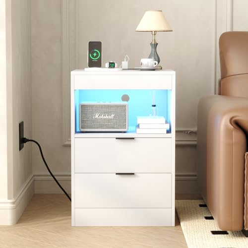 Yusong Night Stand, Bedside Table, LED Nightstand with Charging Station, Modern Night Stand, Wood Sofa Couch End Side Table with 2 Pull-Out Shelf (White 001) - color: White 001