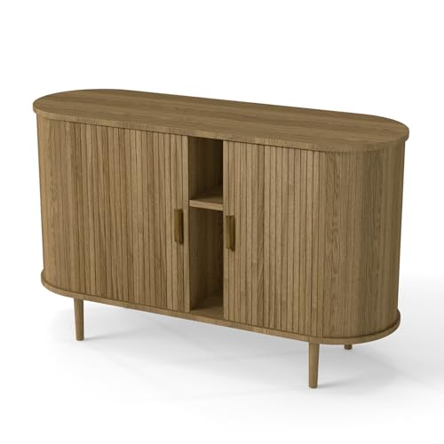Fluted Sideboard Buffet Cabinet with Storage, 47" Mid-Century Modern Console Table with Sliding Doors, Wood Credenza for Dining Room, Coffee Bar Station, Brown