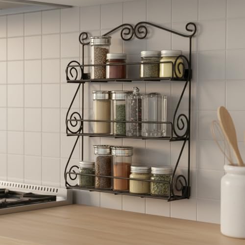 FitWell Scroll Wall Mount Spice Rack, 3-Tier, Traditional Spice Rack Cabinet & Kitchen, Beauty & Nail Polish Organizer for Bathroom, Scroll Wall-Mounted (Black) - color: Black