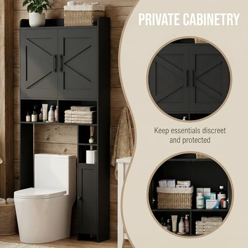 Homhedy Wooden Over The Toilet Storage Cabinet with Barn Door | Freestanding Bathroom Storage, Toilet Paper Holder, Adjustable Shelf,Space-Saving, Farmhouse Style, Black - color: Black