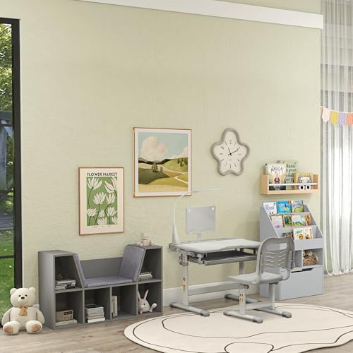 HOMCOM 6-Cubby Kids Bookcase with Reading Nook and Cushion, Multi-Purpose Storage Organizer for Bedroom, Living Room, Grey - color: Grey