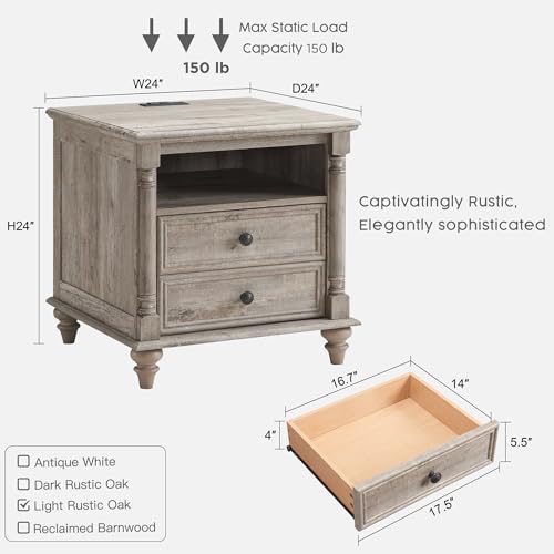 T4TREAM 24" Farmhouse Nightstands with 2 Drawers, Light Rustic Oak | 4 Solid Wood Feet, Charging Station, Tall Rustic Wood Square, Sofa Side Table, Living Room, Bedroom - color: Light Rustic Oak