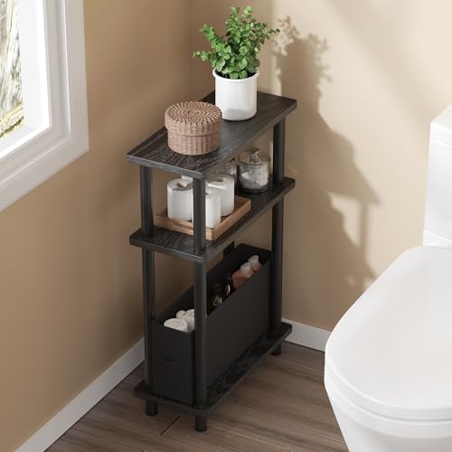 Apicizon Small Narrow Side Table, 3-Tier Skinny End Table withFabric Basket, Slim Nightstand Bedside Table for Small Spaces, Living Room, Bderoom, Black - color: Black, style: Narrow Side Table with Basket