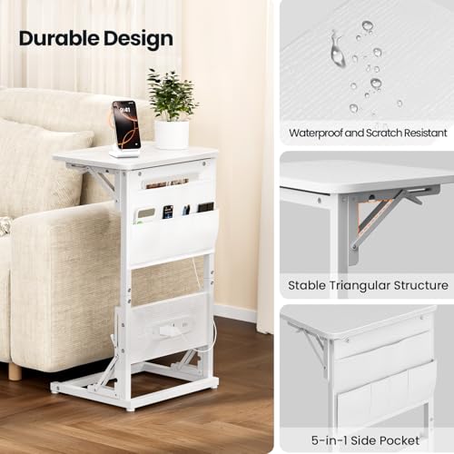 HLDIRECT C Shaped End Table with Charging Station & Storage Bag White | 2 USB & 2 Outlets, Storage Bag, FSC Wood, Foldable, 11.8"D x 15.7"W, for Small Spaces, Couch, Bedroom - color: White