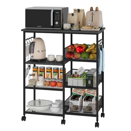 SWTYMIKI Kitchen Island Cart on Wheels - 28.35x14.57in Rolling Kitchen Table Cart with Storage Shelves, 6 Removable Hooks& Locking Casters, Coffee Bar Cabinet for Dining Room Pantry Office, Black - size: 28x14.57in, style: Black
