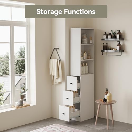 ARTETHYS Tall Narrow Free Standing Bathroom Storage Cabinet Set of 2, White | 3-Level Adjustable Shelves, Home - Space Saver for Living Room Kitchen, 3 Drawers - color: White Set of 2