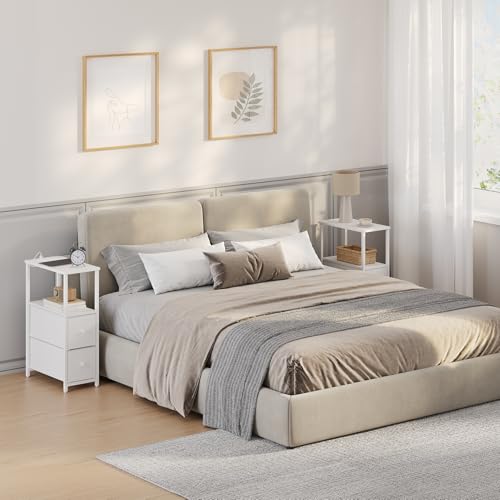 TUTOTAK Small Narrow End Table with Charging Station, Set of 2, Side Table with Outlets, Nightstand with 2 Cloth Drawers, Couch Table, for Living Room, Bedroom, Bedside, White TB01BW055 - color: White, style: 2 Drawers & Plug