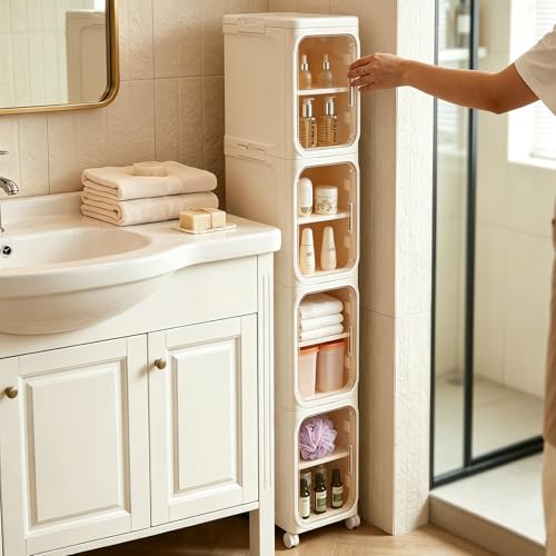 4-Tier Slim Bathroom Storage Cabinet, Tall Narrow Storage Cabinet with Movable Wheels, Adjustable Shelves, Skinny Bathroom Storage Organizer for Small Space, Bathroom, Kitchen, Laundry, Cream White - size: 4-Tiers
