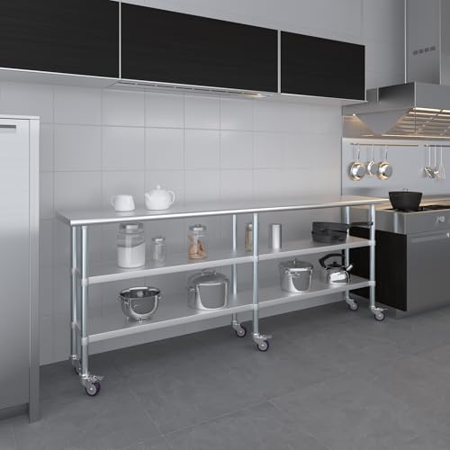 AmGood Stainless Steel Work Table with 2 Shelves and Casters | Metal Utility Table On Wheels (Stainless Steel, 96" Long x 18" Deep) - size: 96" Long x 18" Deep