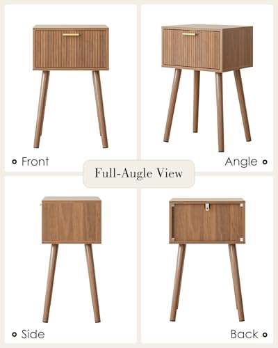 Night Stand Set 2, Walnut Nightstand with Fluted Doors, Small Modern Mid-Century Bedside Table for Bedroom, End Table for Living Room - color: Walnut