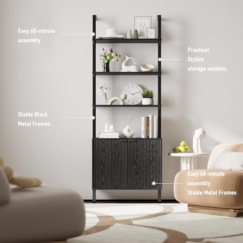 INNOD 74" Tall Bookshelf with Storage Cabinet, Modern Ladder Shelf with Wood and Metal Frame, Wall Mount Bookcase Open Display Shelf Furniture for Living Room, Bedroom, Home Office,Black - color: Black