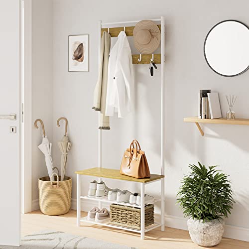 Hall Tree with Bench and Shoe Storage, 3-in-1 Coat Rack Shoe Bench, Freestanding Wooden Coat Rack with Metal Frame, 3-Tier Storage Shelf and 9 Removable Hooks, White/Walnut - color: 1.white Hall Tree