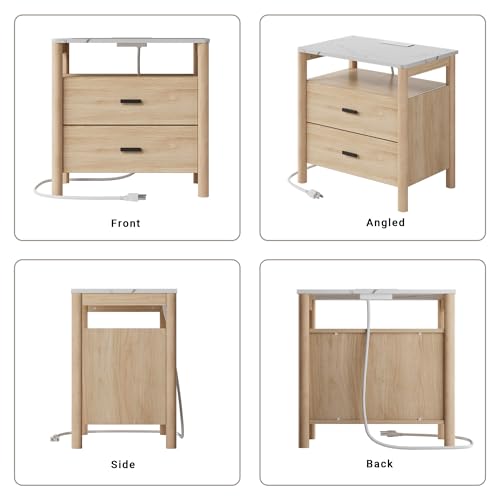 Night Stand Set 2, 23" Nightstands Set of 2, Modern Nightstand with Charging Station & Faux Marble Top, 2 Drawer End Table with Solid Round Post Legs, Bedside Table for Bedroom, Natural Oak - color: Natural Oak + Faux Marble Top, size: 24''W x 15.7'D x 24