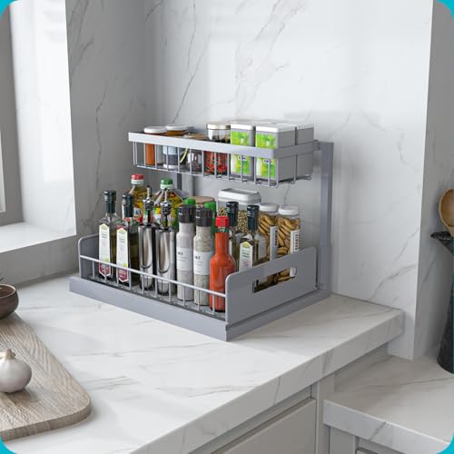 REALINN Under Sink Organizer, Pull Out Cabinet Organizer 2 Tier Slide Out Sink Shelf Cabinet Storage Shelves, Storage for Kitchen Bathroom, Grey, 2 Pack | For Kitchen and Bathroom, Slide Out Under Cabinet Storage, Metal Under Sink Storage with Sliding Dra