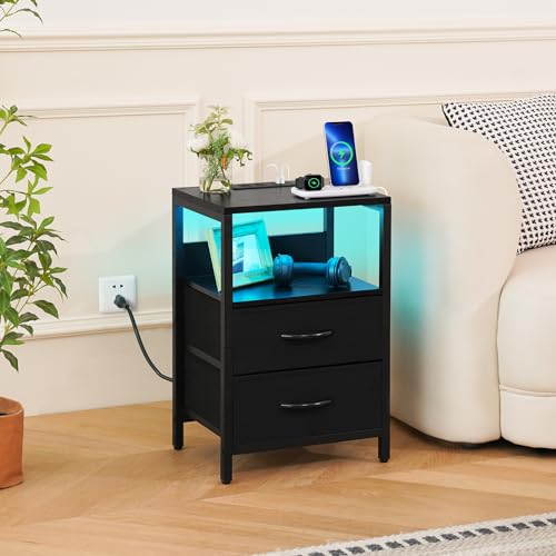 Yoobure Nightstand with Charging Station, LED Night Stand with Fabric Drawers and Storage Shelf for Bedroom, Nightstands Bedside Tables with USB Ports & Outlets, Small Night Stands, Bed Side Table - color: Black