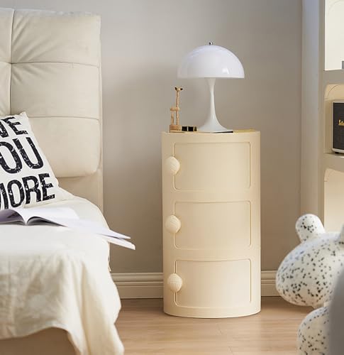 3 Tier Round Nightstand with Drawers, Plastic White Nightstand Modern Round Bedside Table with Handles and Sliding Door for Bedroom, Living Room - color: White