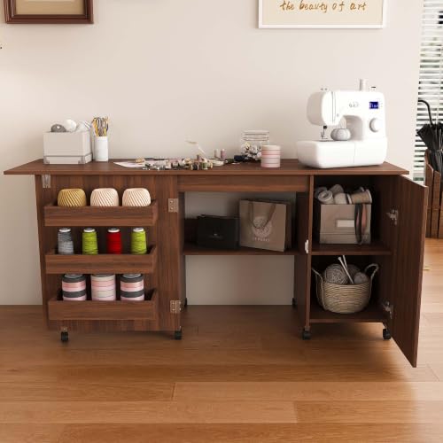 HRVEOCEI 4-in-1 Folding Sewing Table with Storage, Sewing Desk Foldable with Lockable Wheels & Power Socket, Sewings Machine Cabinet & Craft Desk with Shelves, Compact Design (Walnut, 57 Inch) - color: Walnut, size: 57 Inch