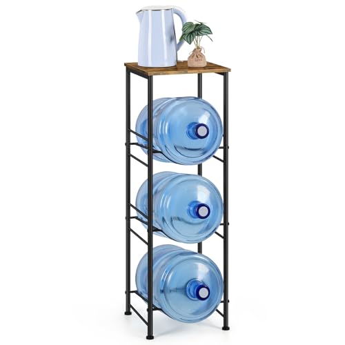 OYEAL 5 Gallon Water Bottle Jug Holder 3-Tier Water Bottle Holder Organizer with Top Shelf, Heavy Duty Water Dispenser Stand Rack for Kitchen Living Room Office, Rustic Brown - style: Round Tube Brown
