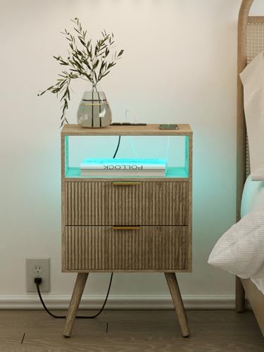 Leomonio Nightstand with Charging Station and LED Lights, Modern Bedside Table with 2 Storage Drawer and Open Wood Shelf for Bedroom and Small Spaces, Night Stand with Solid Wood Legs - color: Grey Oak-outlet
