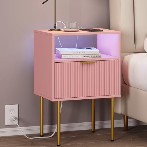 JOONEE Modern Nightstand with Charging Station and LED Lights, White Bedside Table with Drawer, Fluted Side Table for Living Room, Bedroom - color: Pink