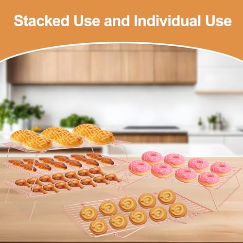 Cooling Rack for Baking 3 Tiers, 16" x 10" Cookie Cooling Wire Rack Stackable Collapsible Nonstick, Stainless Steel Baking Cooking Cooling Racks with Optimum Air Flow, Rose Gold - color: Rose Gold, size: 16"x10"-3Tier