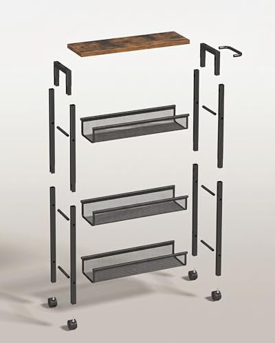 SONGMICS HOME Slim Rolling Cart, 4-Tier Storage Cart with Wheels and Handle, Narrow Utility Cart for Kitchen, Living Room, Brown and Black - style: 4 Tiers