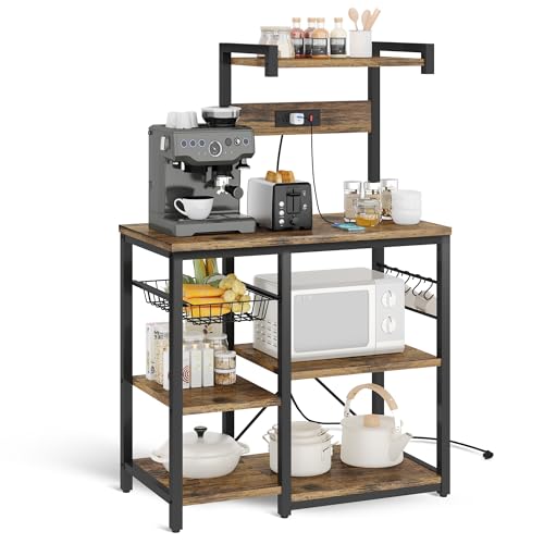 Recaceik Bakers Rack Kitchen Storage Rack with Power Outlet Microwave Stand Coffee Bar Station with 5 S-Hooks Freestanding Kitchen Shelves for Spices, Pots and Pans, Rustic Brown