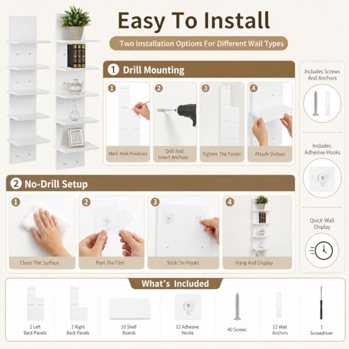 2PCS 5 Tiers Floating Wall Shelf, Small Vertical White Floating Shelf for Narrow Spaces, Modern Wall-Mounted Decorative Shelves for Bedroom Living Room, Lightweight Wood-Plastic - size: 2PCS