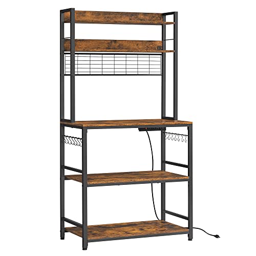 VASAGLE Bakers Rack with Power Outlet, Microwave Stand, Kitchen Tall Utility Storage Shelf, with Metal Wire Panel, 14 Hooks, 15.7 x 31.5 x 66.9 Inches, Rustic Brown and Ink Black UKKS025B01 - color: Rustic Brown + Ink Black, size: 31.5"W