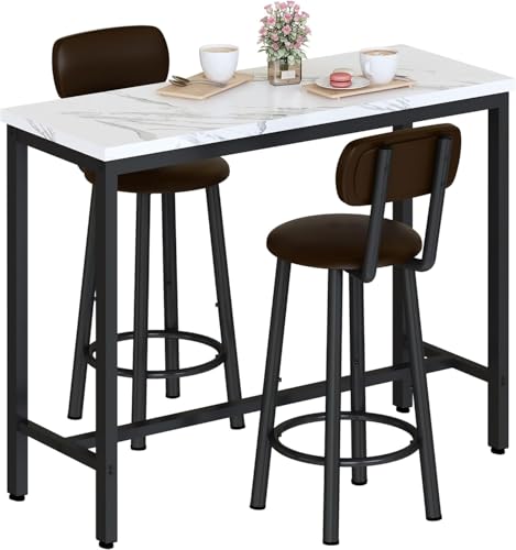 AWQM 3 Piece Bar Table Set of 2,39.3" Pub Bar Table and Chairs Set,Faux Marble Bar Height Table with 2 Backrest Stools,Small Dining Table for 2,Kitchen Table Set for Small Space,White & Brown(2 Set) - color: White