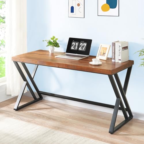 Real Wood Computer Desk, Modern Natural Wood Home Office Desk, Rustic Solid Wood Work Study Writing Desk, Farmhouse Workstation PC Gaming Executive Table for Bedroom, Brown, 47 inch - size: 47 inch