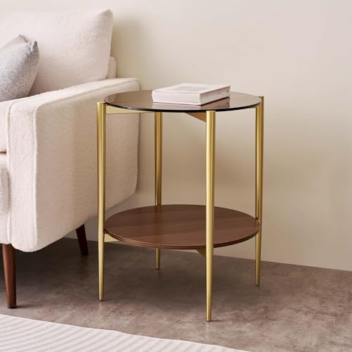 LumFurn Round Glass End Table, Mid-Century Modern Design Sofa Table for Living Room, D18 x H23, 2-Tier Structure, Amber Glass Top and Walnut Shelf, Sleek Conical Legs with Gold Finish Frame - color: Amber & Walnut, size: D18" Round End Table