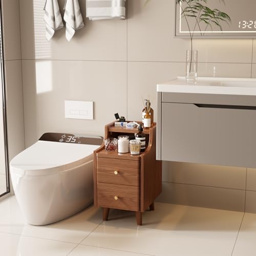 Narrow Nightstand with 2 Drawers,Walnut Nightstand,Bedside Table,Solid Wood Modern Bedside Table for Bedroom,Study,Toilet - color: Walnut, size: 15.75"D x 11.81"W x 22.32"H(2 Drawers)