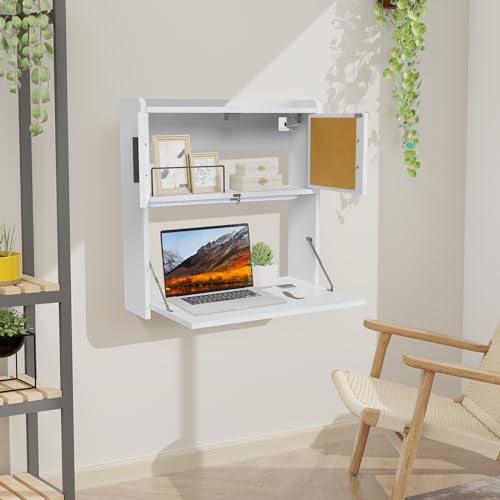 ARTETHYS Wall Mounted Desk Folding with Light Drop Down Hanging Desk | Multifunctional Fold Down Laptop Computer Table, Writing Workstation with Storage Compartments, Space Saving for Home Office - color: White With Light