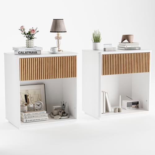 Modern Fluted Nightstand Set of 2 for Bedroom, Mid Century Bedside Table with Drawer & Open Shelf, Wood End Table, Farmhouse Night Stand for Home, Hallway, Office, White - color: White
