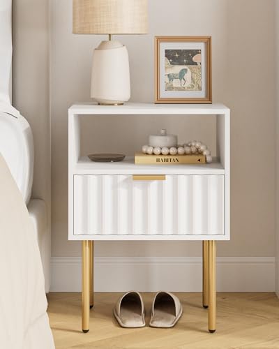 Night Stand,Modern Bedside Table with Drawer and Shelf,White Night Stand with Gold Frame,Small Side Table for Bedroom,Living Room - color: White