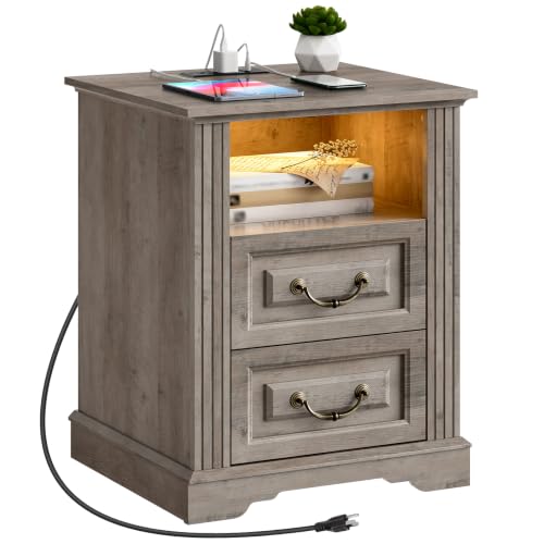 RALGEND Farmhouse Nightstand with Charging Station, Night Stand with 2 Drawers, End Tables Living Room, LED Bed Side Table with Open Shelf, End Table for Bedroom, Living Room, Greige - color: Greige