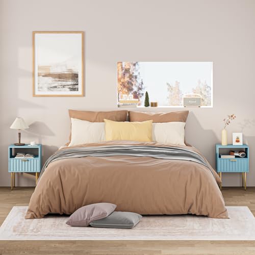 Night Stand,Modern Bedside Table with Drawer and Shelf,Blue Night Stand with Gold Frame,Small Side Table for Bedroom,Living Room - color: Blue