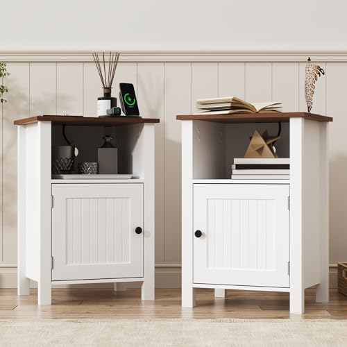 Furnify Farmhouse Nightstand Set of 2, Night Stand with Charging Station and USB Port, Modern Nightstand with Storage Shelf, Rustic Side Table with Open Space, Side Table for Bedroom, White - color: White