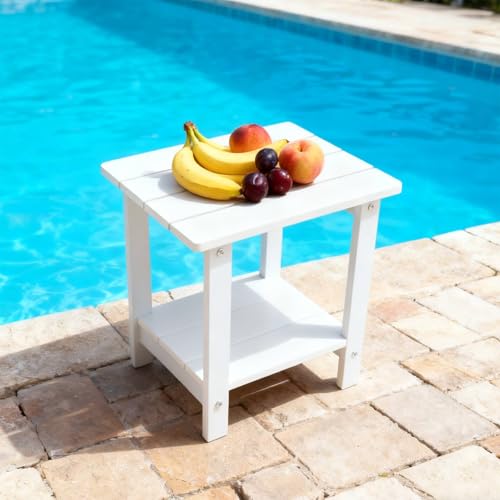 Small Leisure Line Side Table, 2-Tier Adirondack Side Table Outdoor with Open Shelf, 16 in Wooden Deck Table for Patio Porch Pool, 200 Lbs Capacity, Easy Assembly (White) - color: White