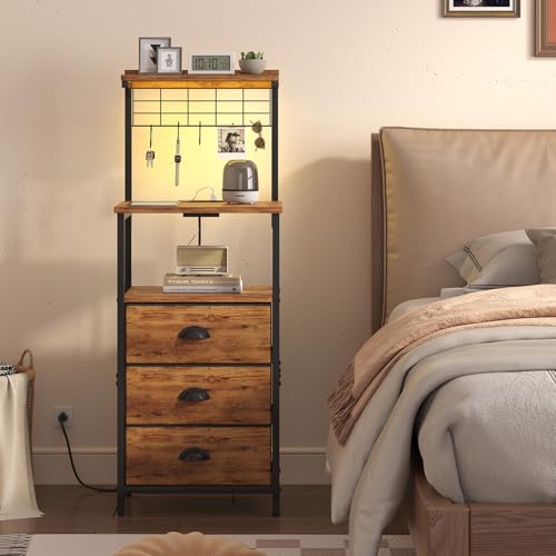 sthmec Tall Nightstands with Charging Station, LED Night Stand Bedsides with 3 Fabric Drawers,Hooks,USB Port and Open Storage Shelves,Tall End Table Bedside Tables for Bedroom,Office, Rustic Brown - color: Rustic Brown, style: 3 Darwers