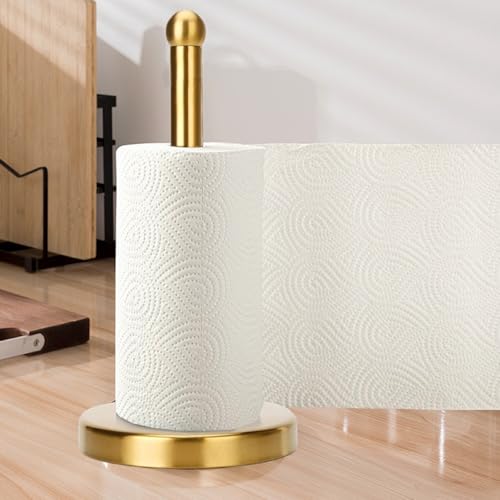 Paper Towel Holder Countertop, Brushed Gold Paper Towel Holder Stand Papertowel Holder with Stable Weighted Base, Free Standing Paper Towel Roll Holder for Kitchen Bathroom