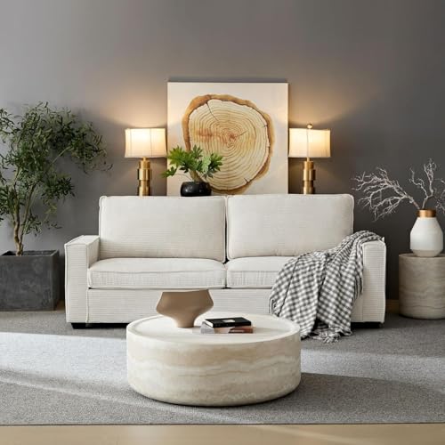 31.49'' Round Coffee Table for Living Room Drum Coffee Table Modern Faux Travertine Stone Coffee Table for Apartment, No Need Assembly (Fiberglass Marble Pattern) - color: Faux Stone-round-31.49inch-travertine-coffee