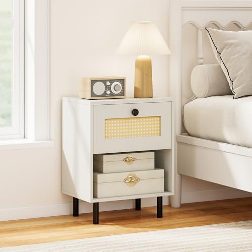 Giantex Rattan Nightstand with Drawer, Modern Bed Side Table w/ 4 Metal Legs and Open Storage Shelf, Wood Boho End Table for Small Spaces, White Night Stand for Bedroom Office - color: White