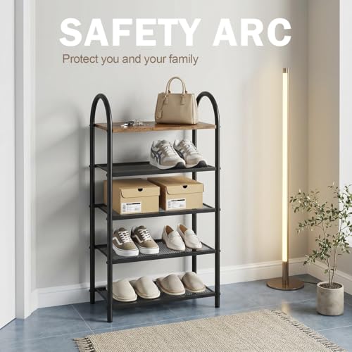Shoe Rack Organizer for Entryway Closet,Tall Narrow Shoe Shelf Wood | 5-Tier, Free Standing, Rustic Wooden Top, Arched Metal Frame, Sturdy Mesh Shelves, Space-Saving, 17.32" x 10.24" x 31.89" - size: 17.32" X 10.24" X 31.89"