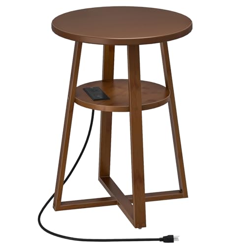 HOOBRO Round Side Table with Charging Station, Round Accent End Table with Bamboo Legs for Living Room, Bedroom, Brown, BR101UBZ01 - color: Brown